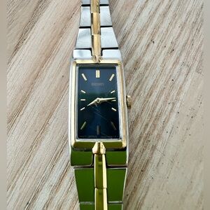 Seiko Ladies Two-Tone Bracelet Blue Rectangular Dial Dress Watch NEW BATTERY